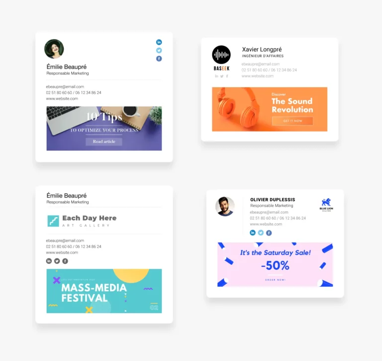 Exemples de 4 signatures mail selon les actualités de l'entreprise : lancement de produit, promotion, évenement, etc